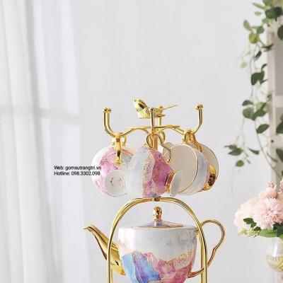 BỘ ẤM CHÉN VÂN ĐÁ VIỀN VÀNG CAO CẤP